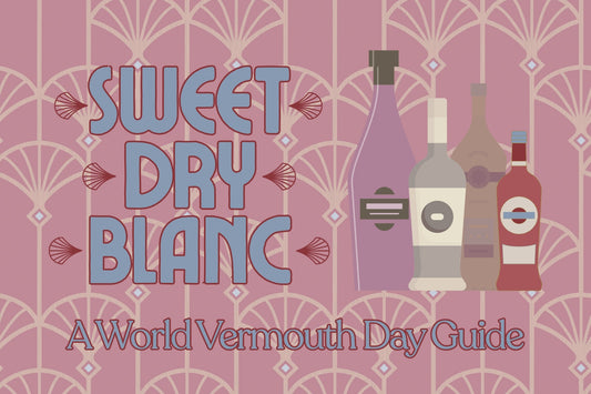 Sweet Dry Blanc: A World Vermouth Day Guide cover image with art deco backgroun and vermouth bottles